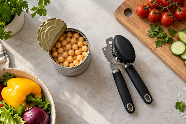 Manual can opener next to an open can of chickpeas on a kitchen counter with fresh vegetables