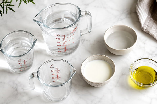 Glass measuring jugs and bowls of water, milk, and olive oil on white marble — cups to ml converter tool