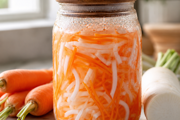 Do chua Vietnamese pickled daikon and carrots in glass jar with wooden lid | My Kitchen Gadgets