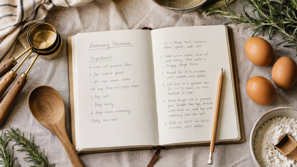 Open recipe notebook with handwritten ingredients list, surrounded by measuring cups, eggs, fresh herbs, and flour — recipe scaler tool