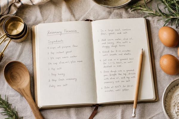 Open recipe notebook with handwritten ingredients list, surrounded by measuring cups, eggs, fresh herbs, and flour — recipe scaler tool