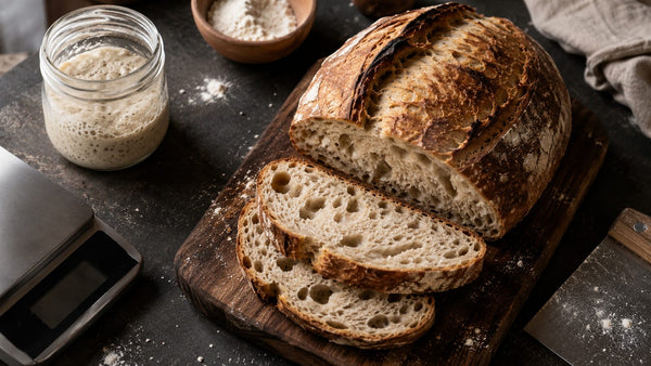 Freshly baked sourdough bread sliced on wooden board with starter jar and kitchen scale