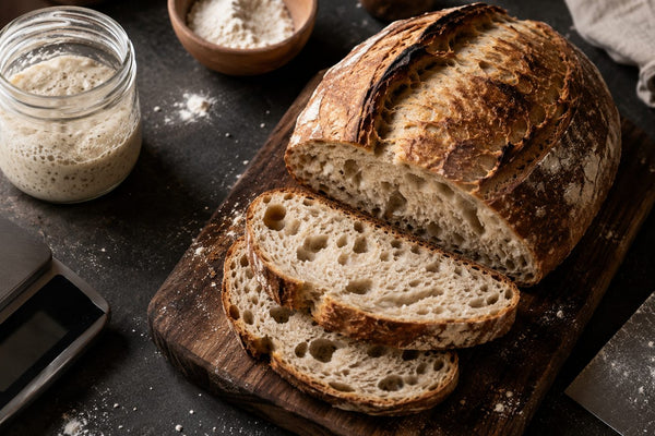 Freshly baked sourdough bread sliced on wooden board with starter jar and kitchen scale