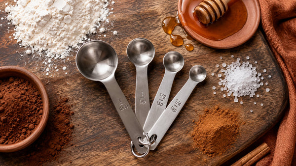 Stainless steel measuring spoons on a wooden board surrounded by flour, honey, salt, cocoa powder, and cinnamon