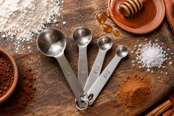 Stainless steel measuring spoons on a wooden board surrounded by flour, honey, salt, cocoa powder, and cinnamon