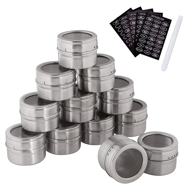 Set of 8 stainless steel magnetic spice jars with labels