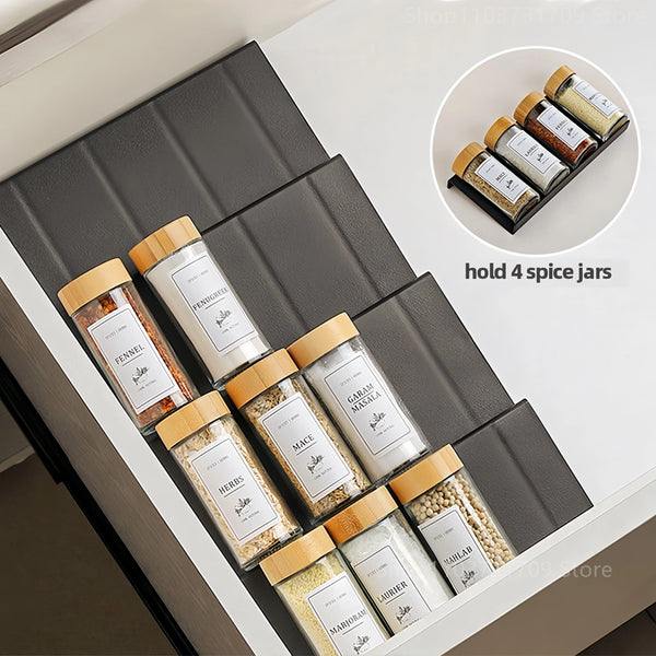 Spice drawer organizer with 4 adjustable layers holding spice jars