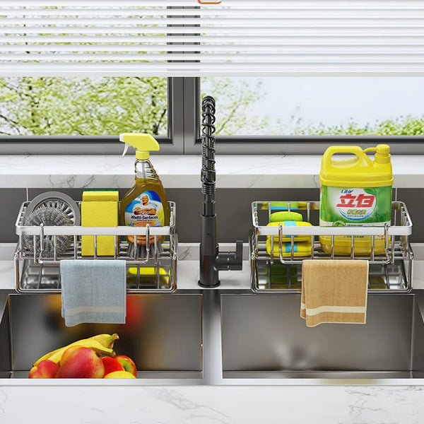 Kitchen sink organizer with drain rack placed in a sink