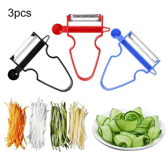 Magic Trio Peeler set of 3 - black, red and blue stainless steel blade peelers with julienned vegetables
