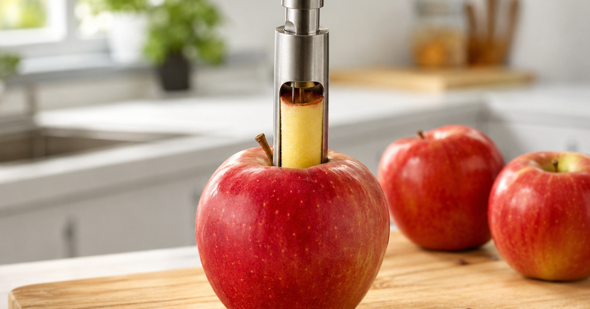 Stainless steel apple corer removing the core from a whole apple on a wooden cutting board