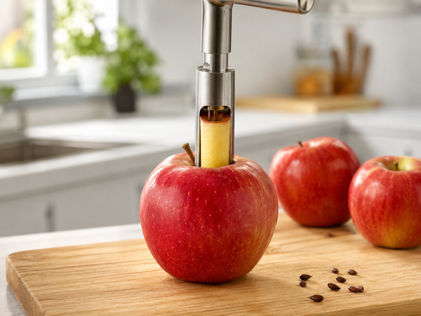 Stainless steel apple corer removing the core from a whole apple on a wooden cutting board