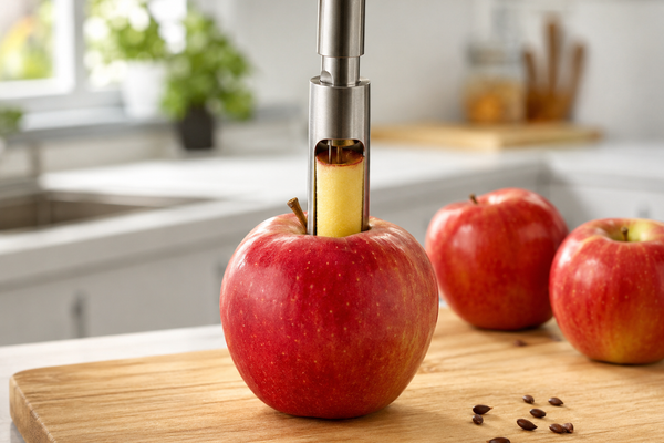 Stainless steel apple corer removing the core from a whole apple on a wooden cutting board