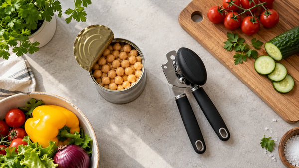 Manual can opener next to an open can of chickpeas on a kitchen counter with fresh vegetables