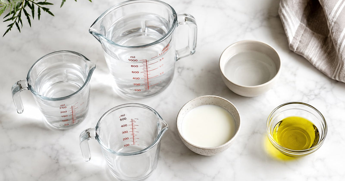 Glass measuring jugs and bowls of water, milk, and olive oil on white marble — cups to ml converter tool