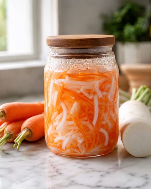 Do chua Vietnamese pickled daikon and carrots in glass jar with wooden lid | My Kitchen Gadgets