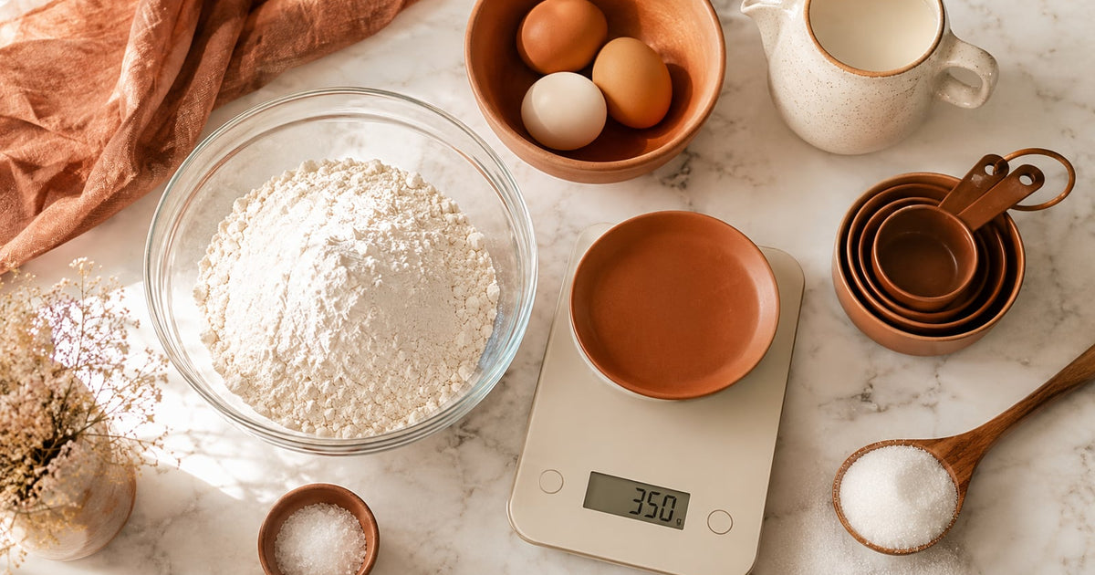 Kitchen scale showing 350g of flour next to measuring cups, eggs, and baking ingredients — grams to cups converter tool