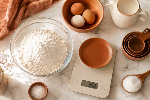 Kitchen scale showing 350g of flour next to measuring cups, eggs, and baking ingredients — grams to cups converter tool