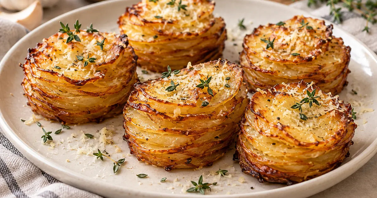 Golden potato stacks topped with Parmesan and thyme on an ivory serving plate
