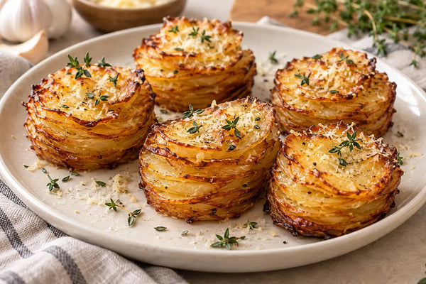 Golden potato stacks topped with Parmesan and thyme on an ivory serving plate