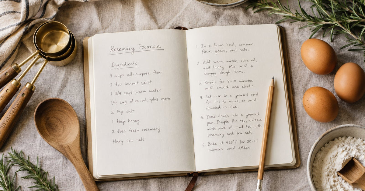 Open recipe notebook with handwritten ingredients list, surrounded by measuring cups, eggs, fresh herbs, and flour — recipe scaler tool