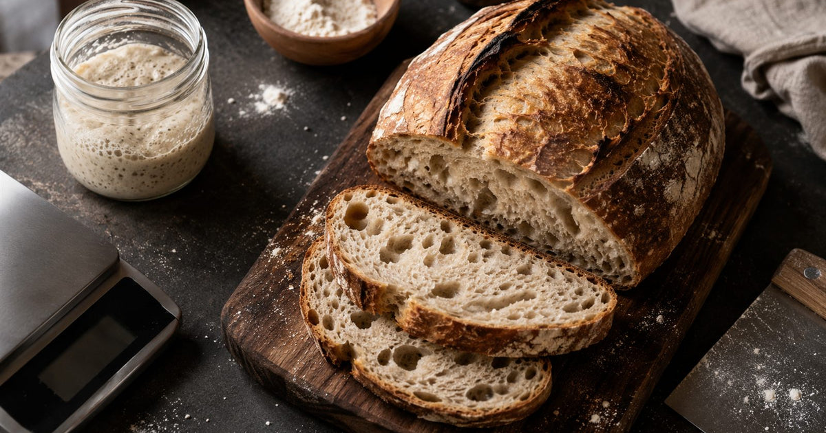 Freshly baked sourdough bread sliced on wooden board with starter jar and kitchen scale