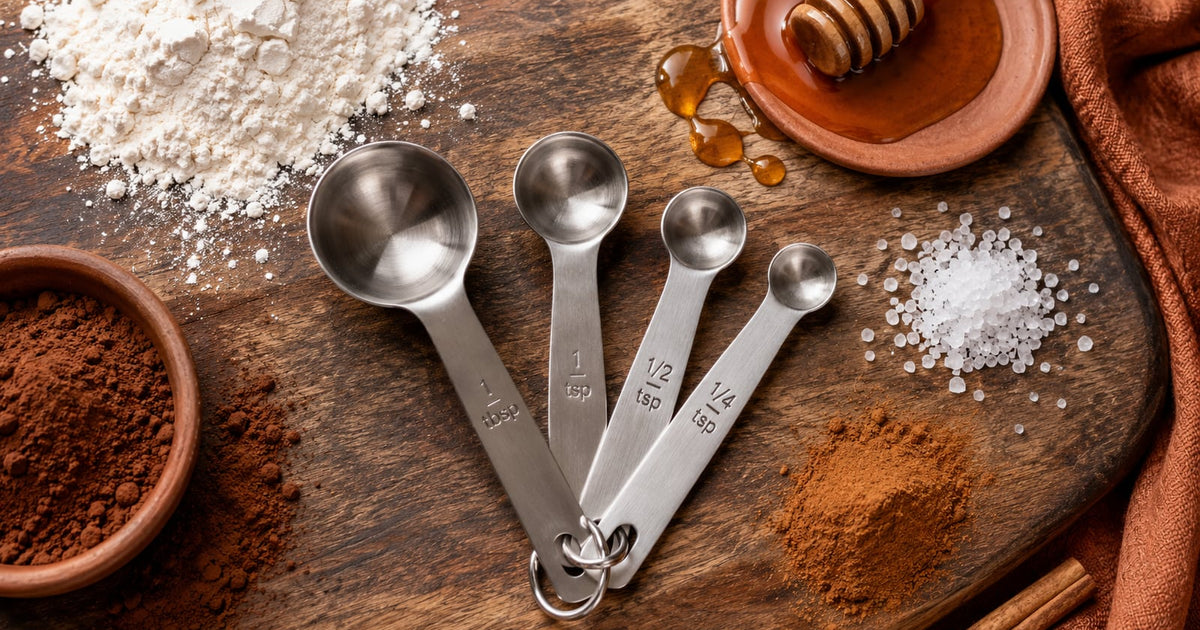 Stainless steel measuring spoons on a wooden board surrounded by flour, honey, salt, cocoa powder, and cinnamon