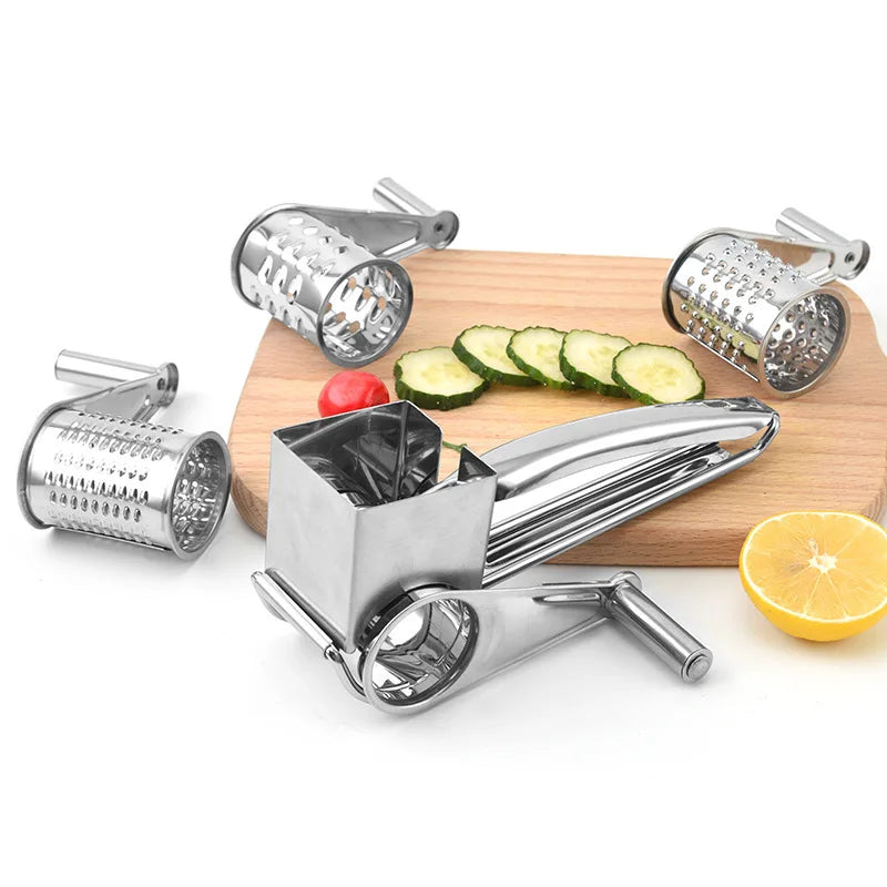 Rotary Cheese Grater - Stainless Steel Drum Shredder with 3 Blades
