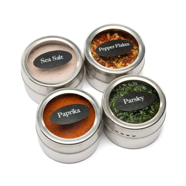 Magnetic spice jars attached to a metal surface