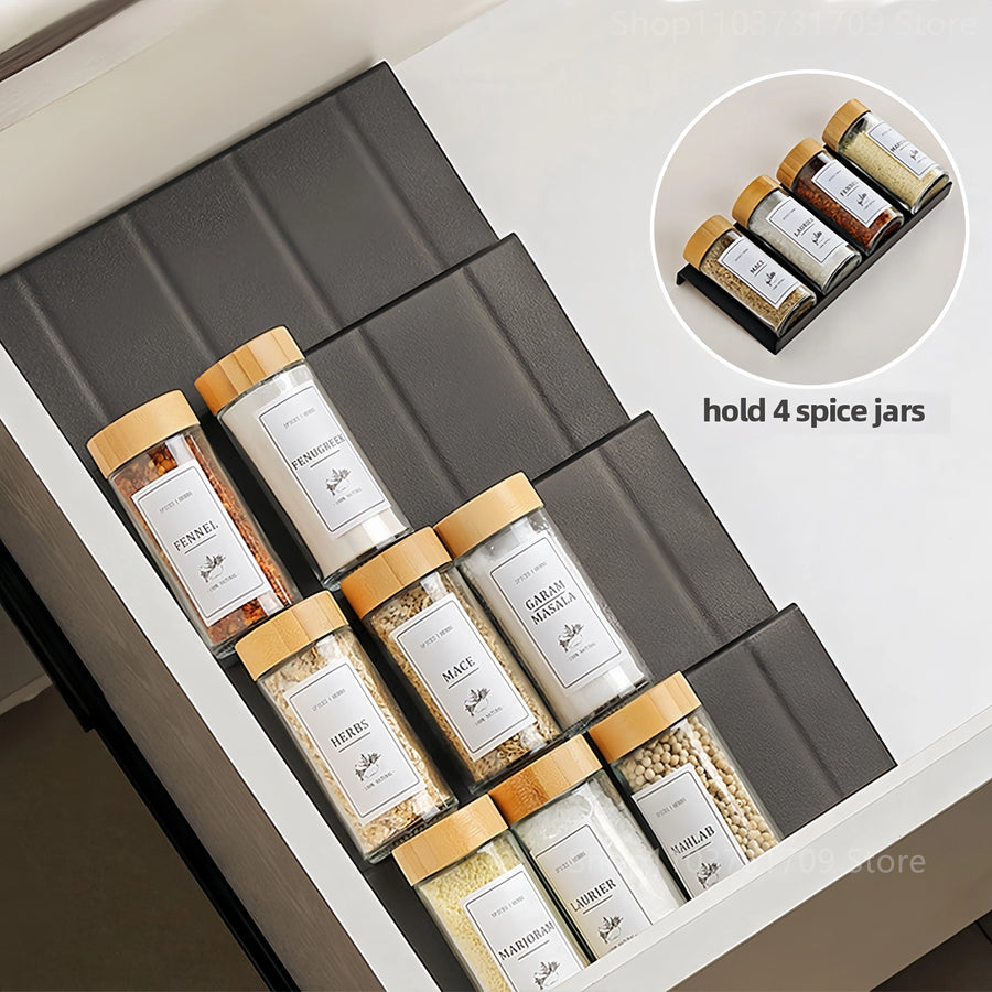 Spice drawer organizer with 4 adjustable layers holding spice jars