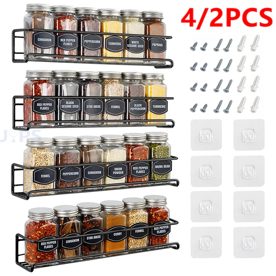 Black metal cabinet door spice rack holding spice jars