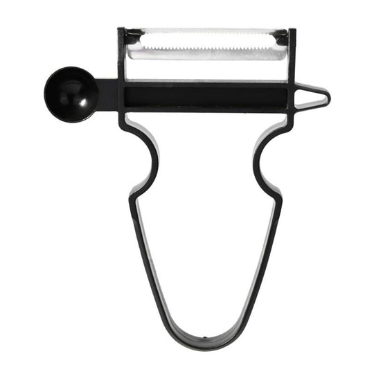 Black serrated blade peeler from the Magic Trio Peeler set, isolated view